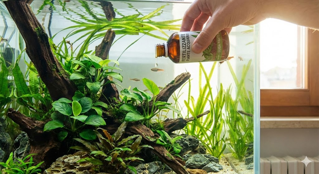 Mano versa liquido fertilizzante nell'acquario di acqua dolce