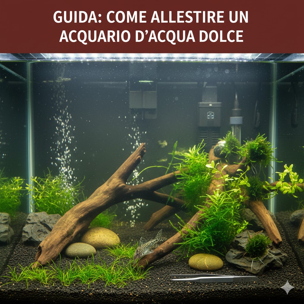 Acquario con piante e legni decorativi
